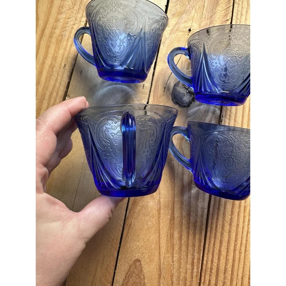 Vintage Depression Hazel Atlas Royal‎ Lace Cobalt Blue Cup Set Of 4